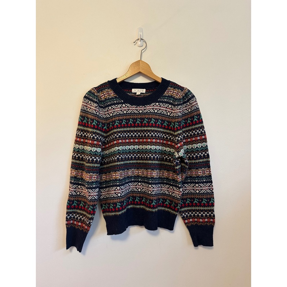 J. Crew Navy Blue Fair Isle Cherry Lambswool Blend Sweater | Size Small